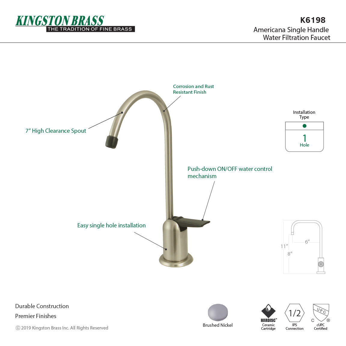 Kingston Tulare K6198 - Americana Single-Handle 1-Hole Deck Mount Water Filtration Faucet, Brushed Nickel — thumbnail 2